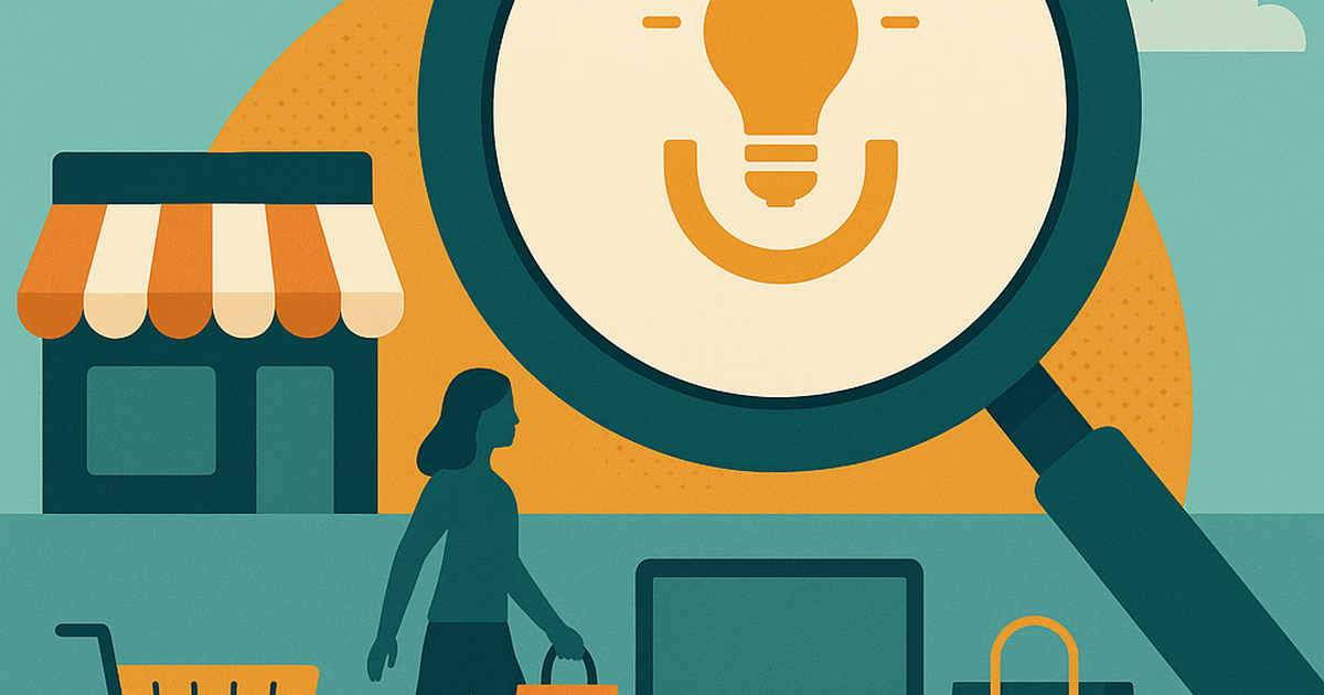 Magnifying glass discovering hidden consumer market opportunities in a stylized marketplace illustration