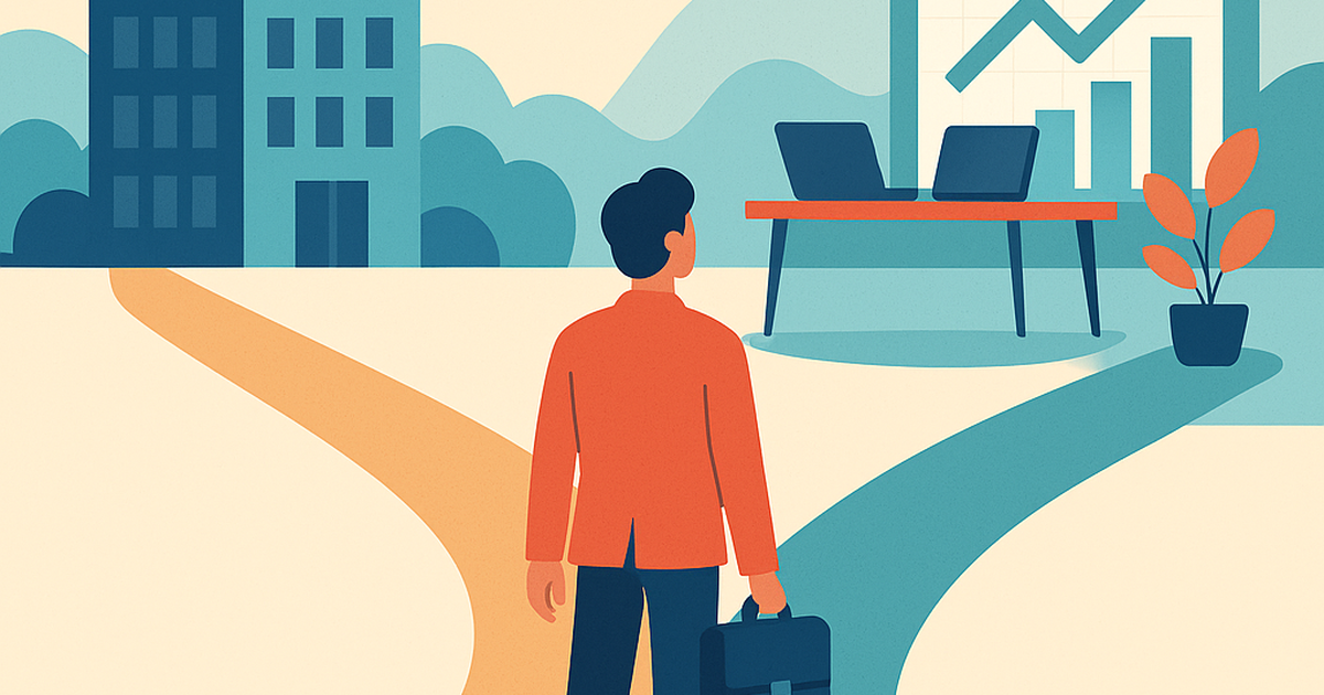 Professional at crossroads choosing between corporate job and entrepreneurship path