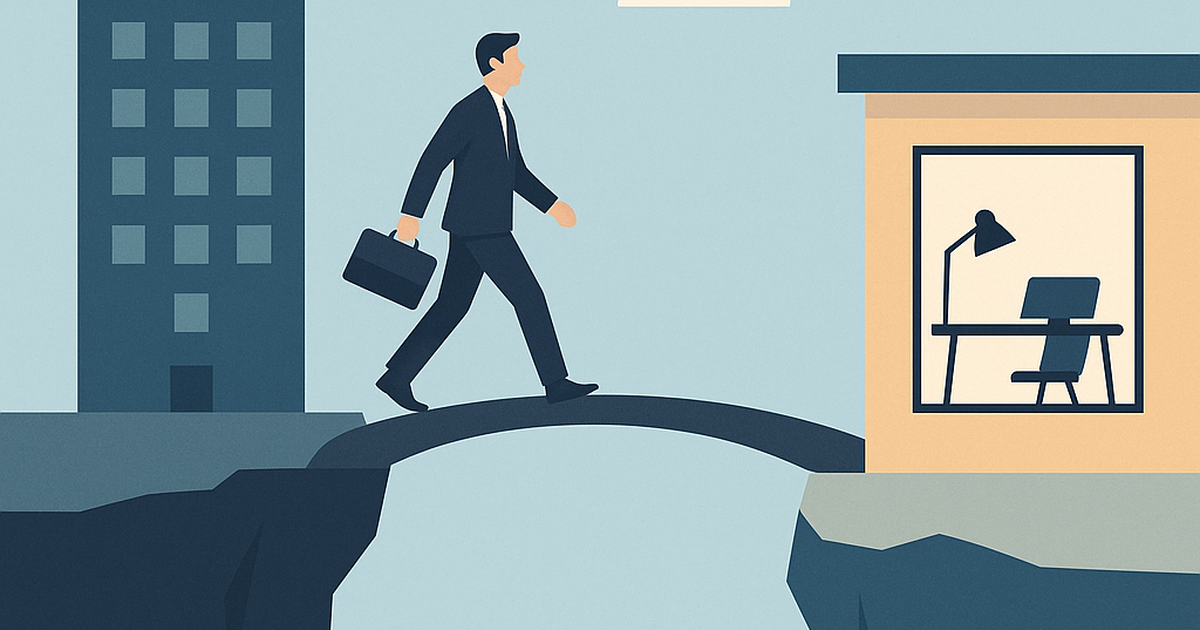 Professional bridge connecting corporate office to startup workspace representing calculated career transition strategy