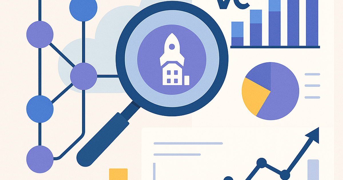Illustration of a venture capitalist sourcing deals, showing interconnected networks, a magnifying glass over a startup, and data charts, symbolizing strategic investment discovery.