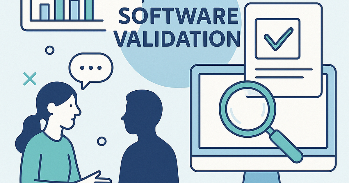 Software validation framework illustration showing market research, customer interviews, and testing methodologies