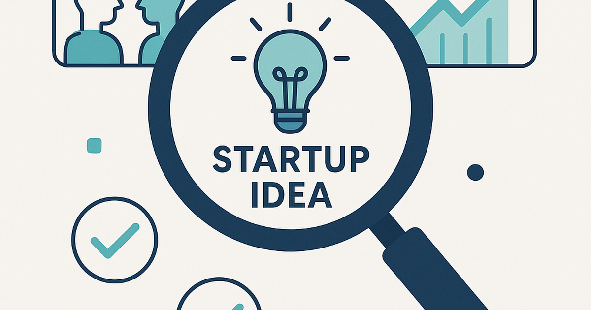 Startup idea validation process illustration with magnifying glass examining customer research and market signals