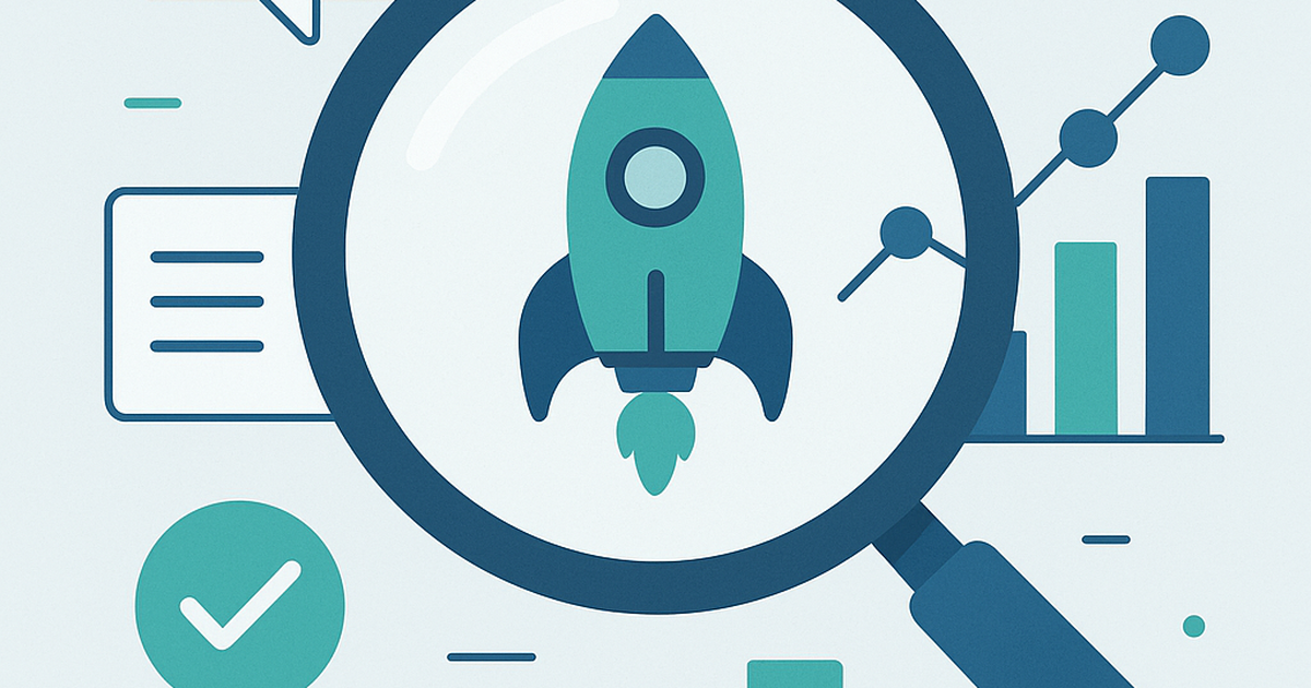 Illustration of startup idea validation process with magnifying glass examining market research elements