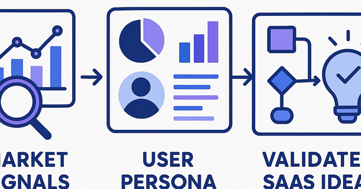 Idea builder methodology visualization showing market research flowing into validated SaaS opportunities