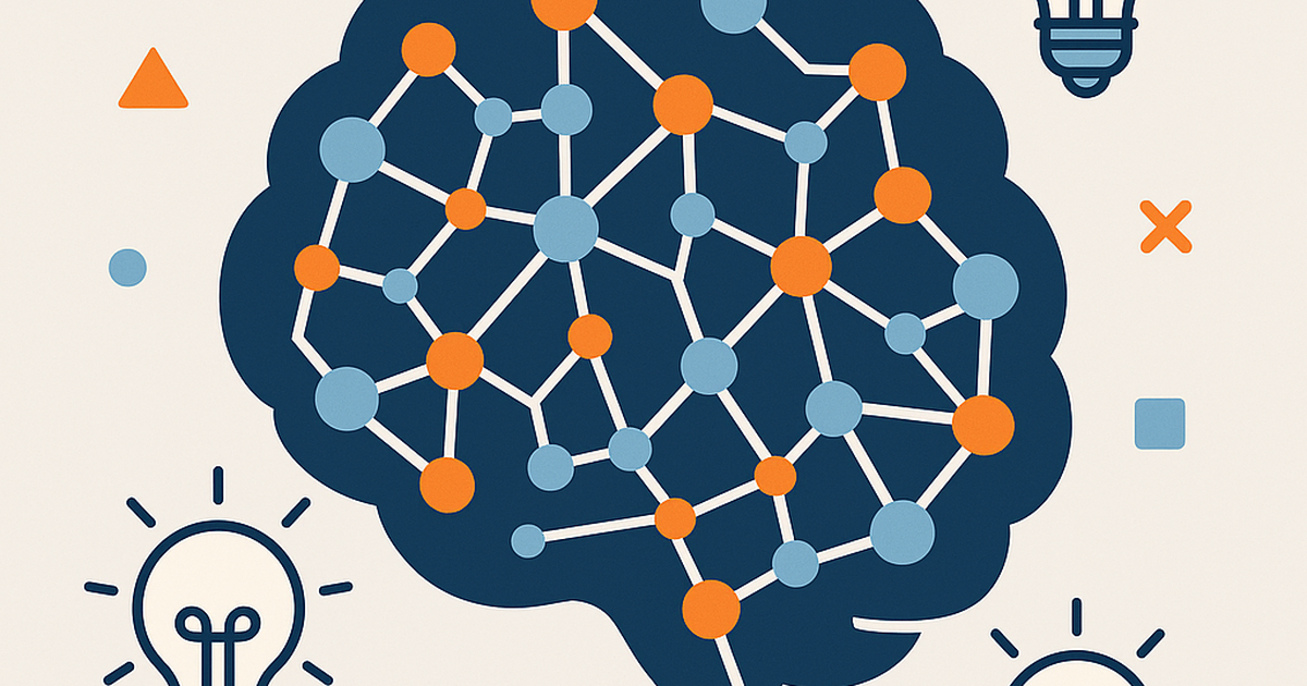 Illustration of brain with connected neural pathways and innovation symbols representing idea builder cognitive psychology