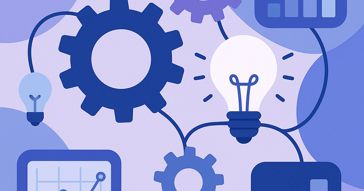 Systematic idea building process illustration with connected gears, lightbulbs and data visualization elements