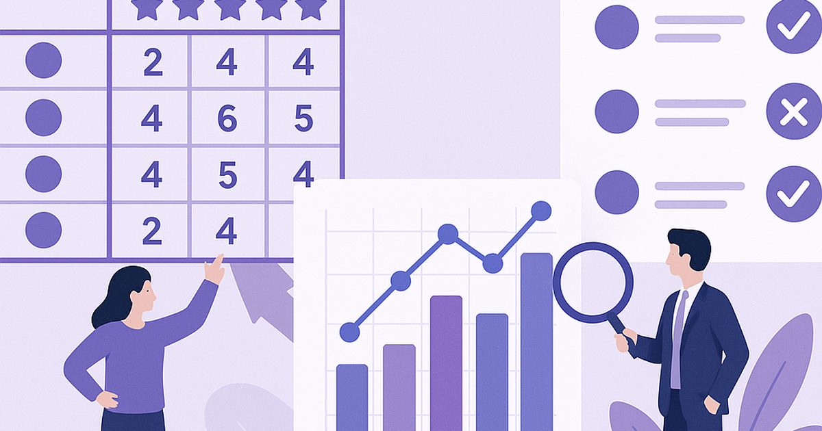 Systematic idea tool evaluation process visualization with scoring frameworks and analysis charts