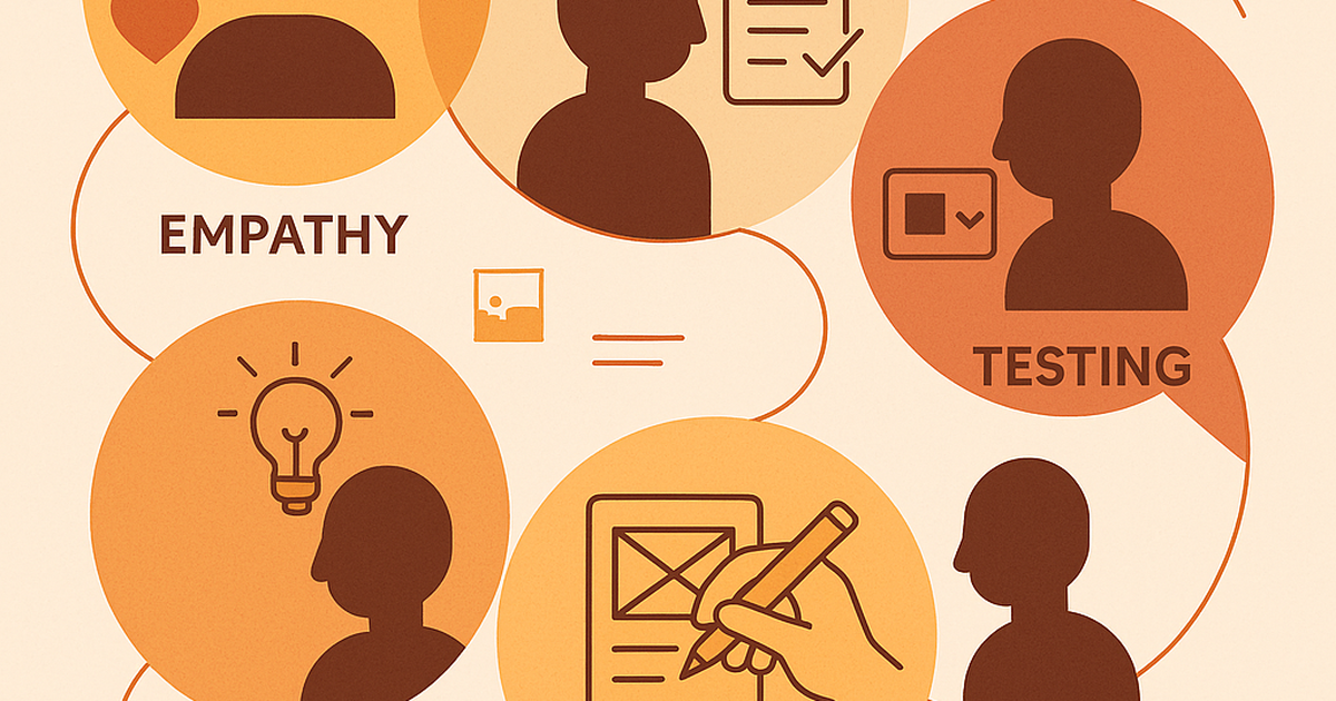 Design thinking validation framework illustration showing five connected stages with user-centered design elements