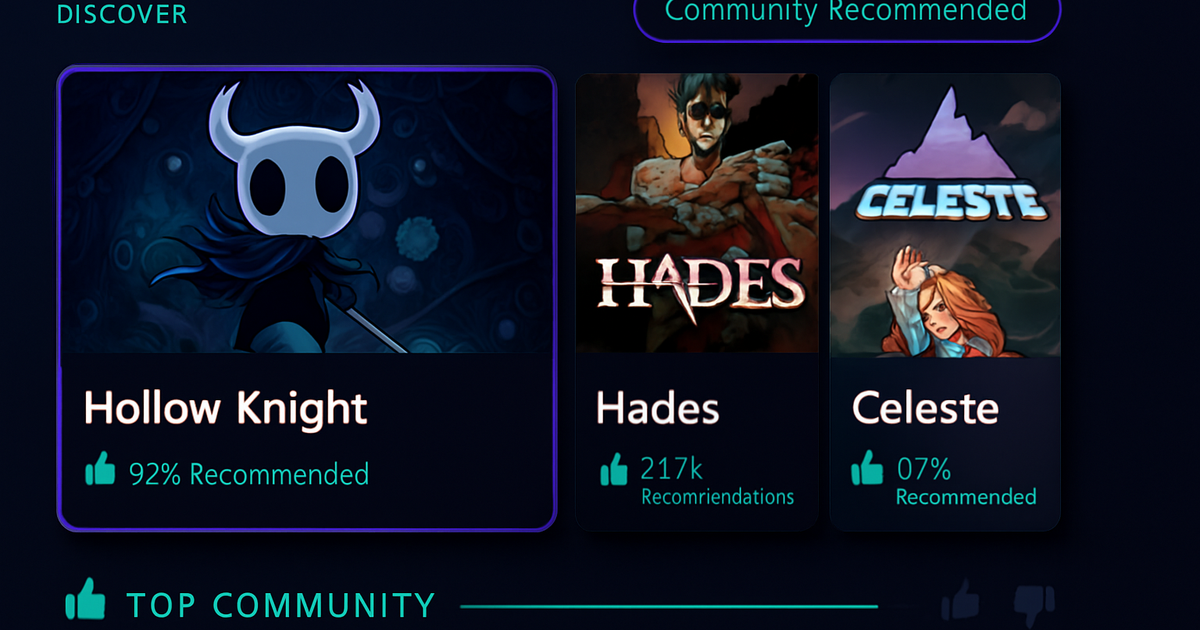 Indie game discovery interface with community recommendations and personalized curation features