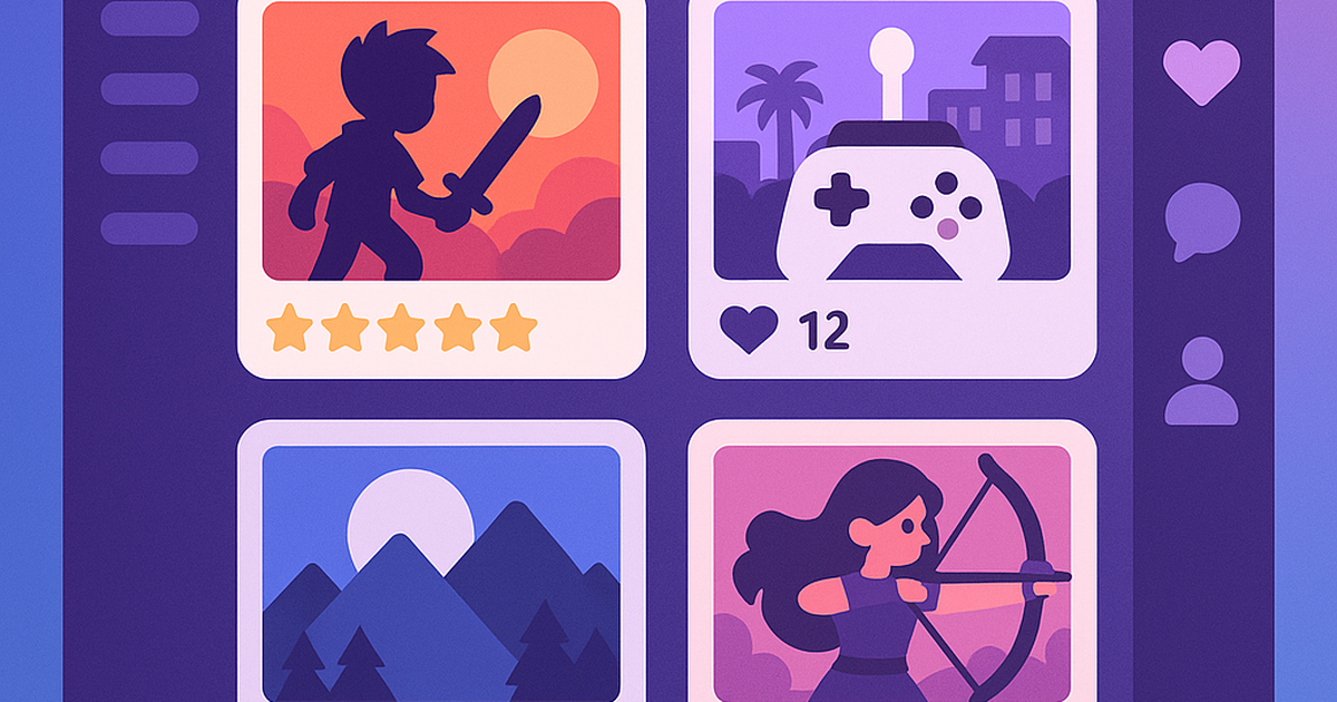 Indie game discovery platform interface showing game recommendations and community features