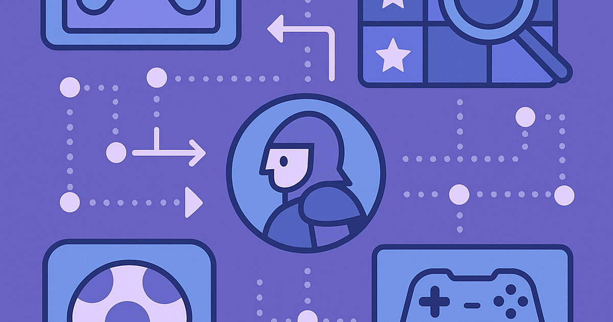 Illustration showing indie game discovery platform ecosystem with connected gaming elements and recommendation algorithms