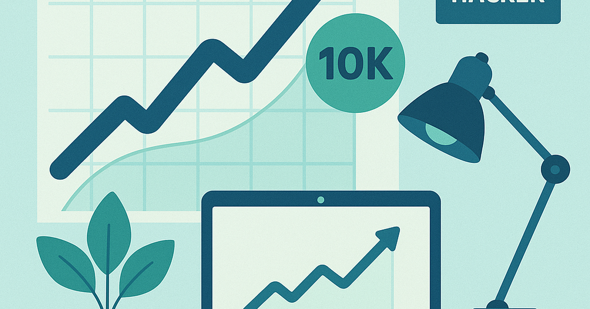 Indie hacker workspace with revenue growth chart showing 10K MRR milestone achievement