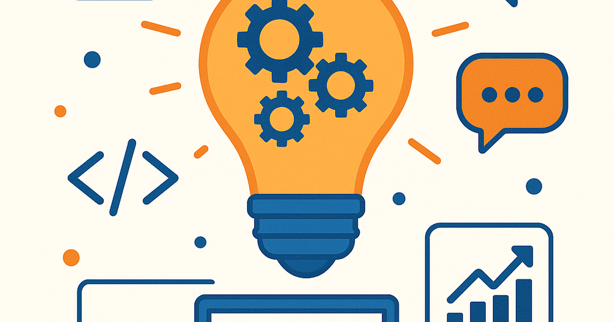 Indie hacker ideas illustration showing lightbulb with gears surrounded by technology and business icons representing validated SaaS concepts