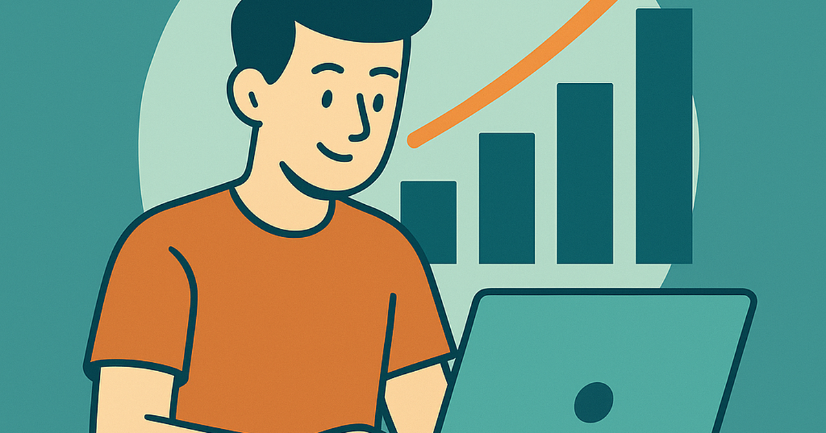 Indie hacker working on laptop with revenue growth visualization in modern flat design style