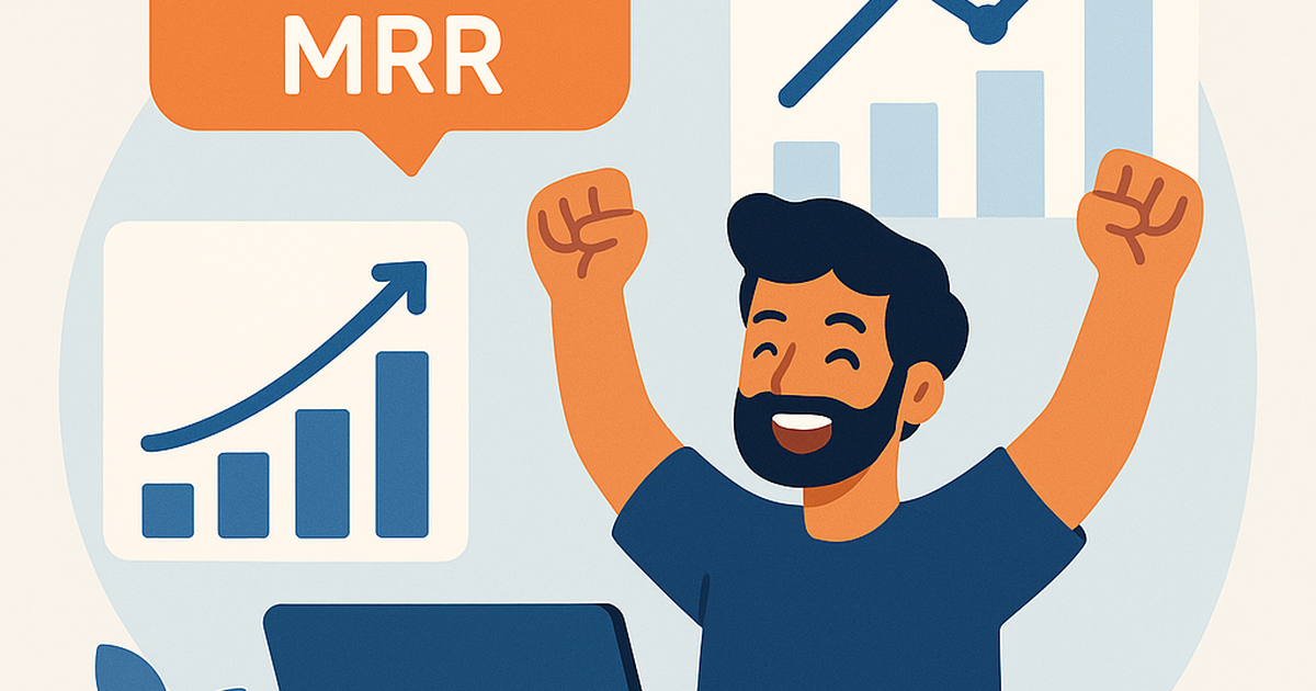 Illustration of an indie hacker celebrating a $10k MRR milestone, with growth charts and a laptop, representing financial independence and business success.