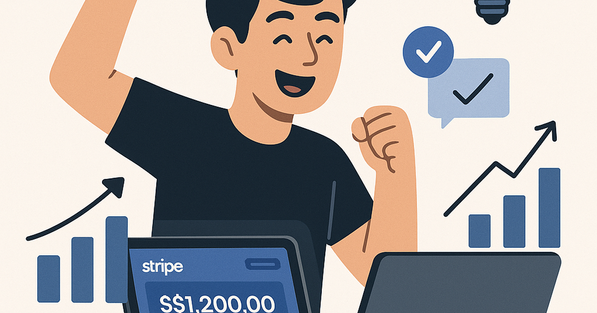 Illustration of an indie hacker celebrating a Stripe revenue milestone, with a laptop displaying growth metrics and a notification sound icon.