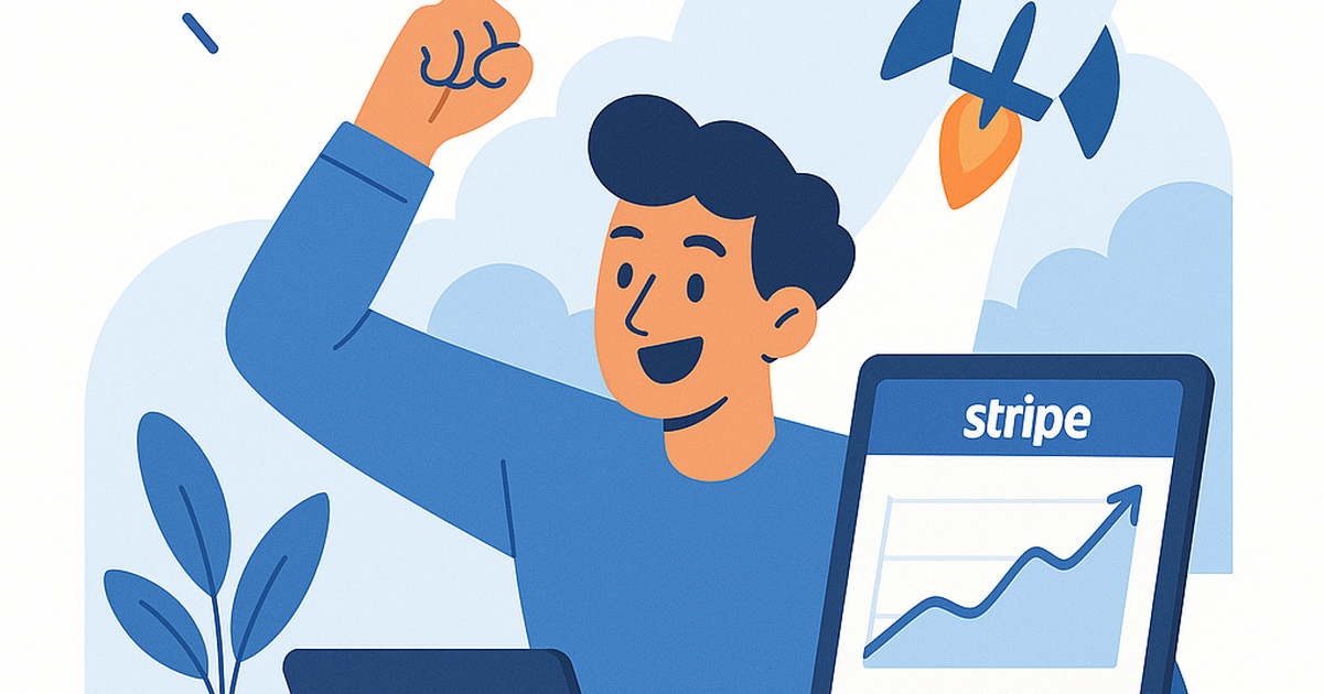An indie hacker celebrating a revenue milestone on a Stripe dashboard, symbolizing growth and success in a bootstrapped SaaS venture.