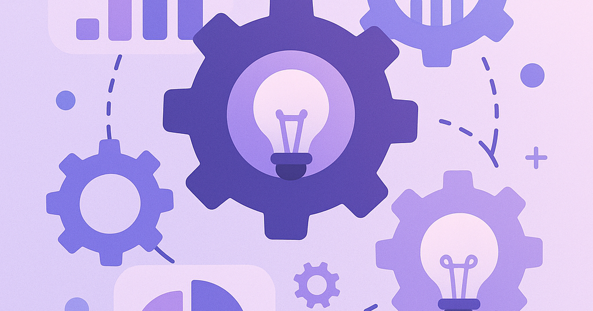 Innovation generator framework illustration with gears, charts and lightbulb icons representing systematic startup opportunity discovery