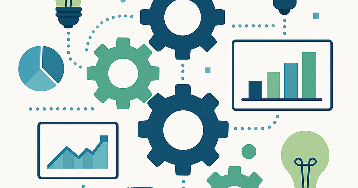 Innovation generator framework illustration with gears, lightbulbs and analytics charts representing systematic startup idea discovery