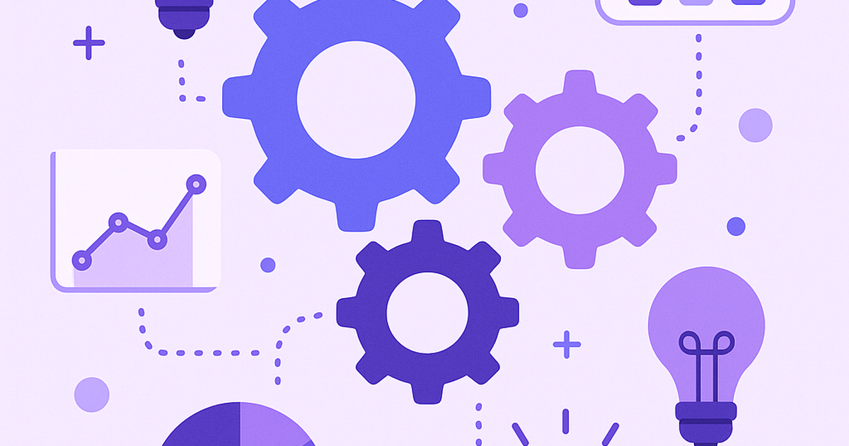 Innovation generator framework illustration with connected gears and idea symbols representing systematic opportunity discovery