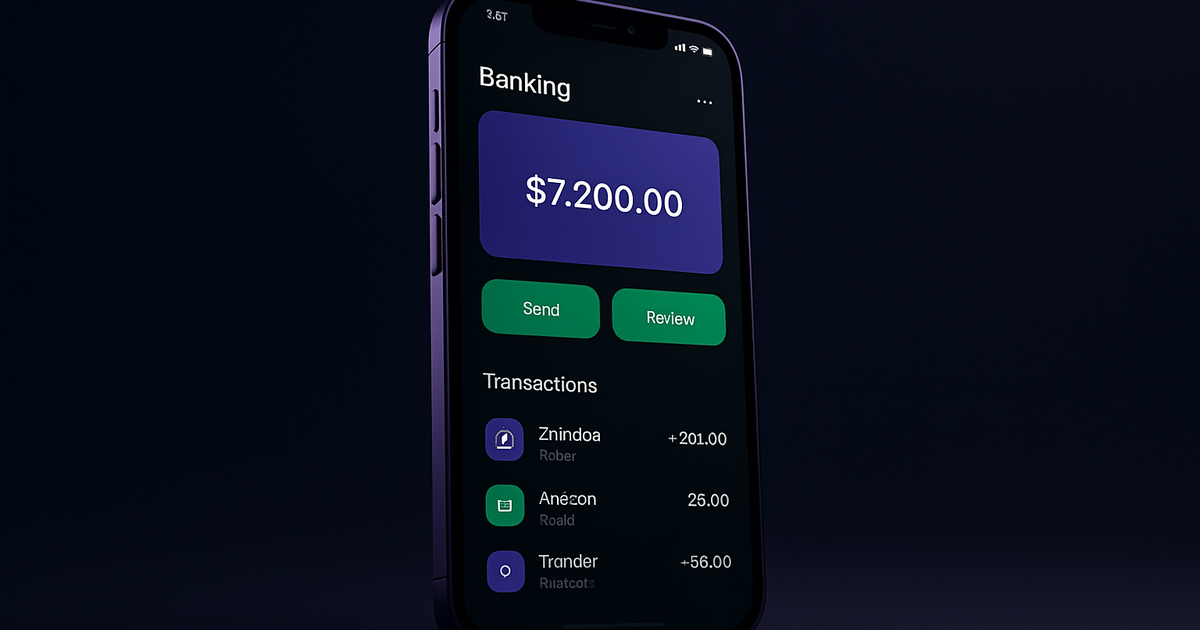 Modern smartphone displaying clean banking interface with intuitive navigation on dark navy background