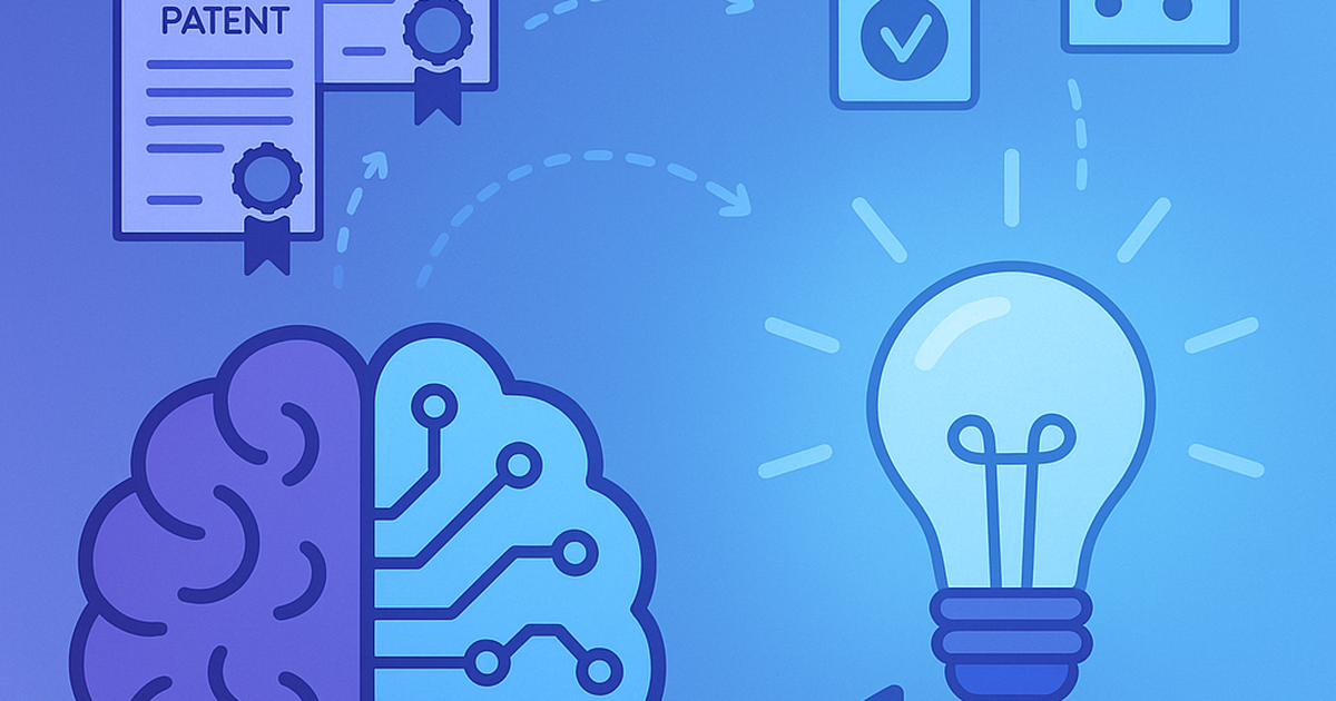 AI-powered invention idea generator concept with brain, lightbulb, and patent documents in flat design style