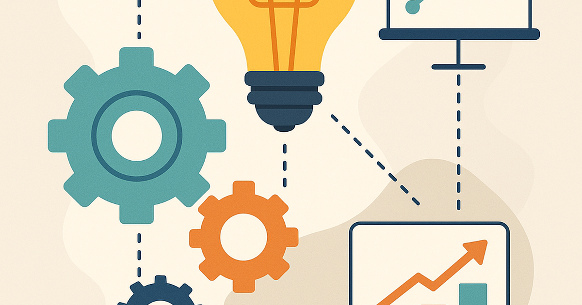 Systematic invention idea generation process visualization with gears, innovation symbols, and market analysis charts