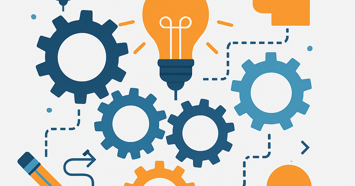 Systematic invention idea generation process illustrated with connected gears, lightbulbs and innovation symbols