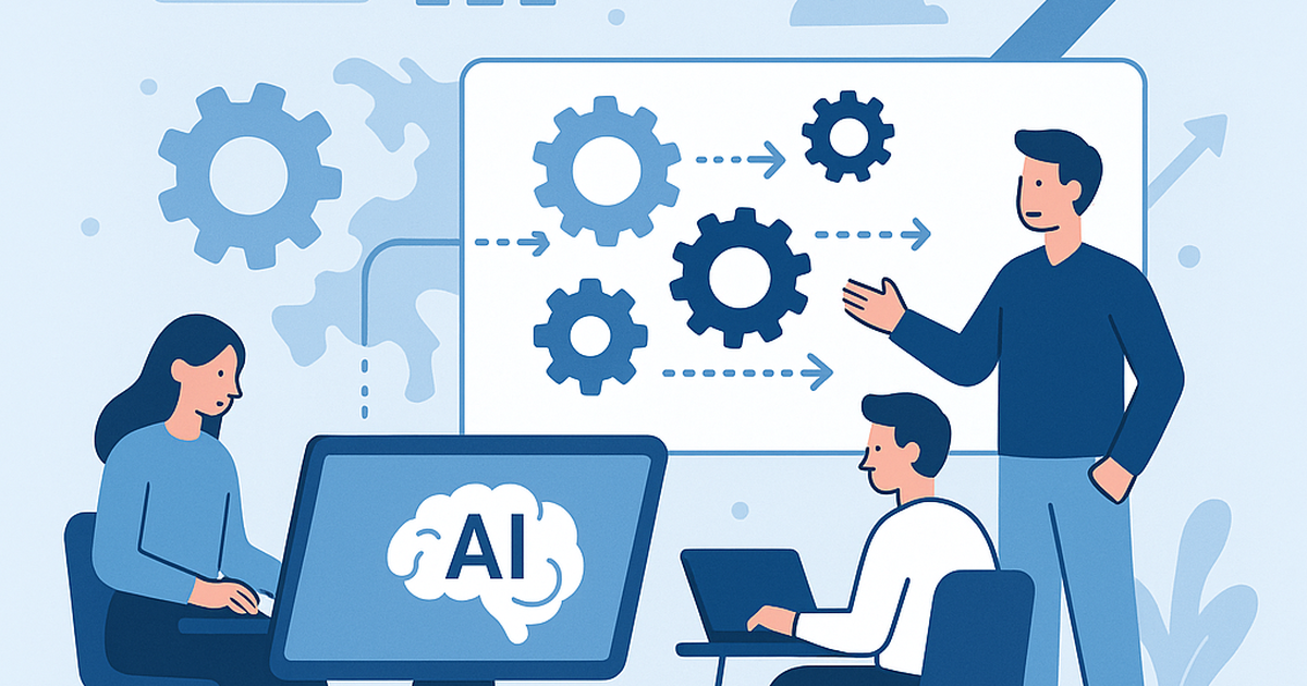 Illustration of a lean startup team using an AI implementation framework, showing iterative development, data flow, and validation for an MVP.