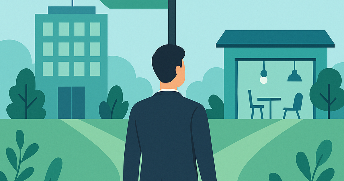 Professional person making career transition decision between corporate employment and entrepreneurship