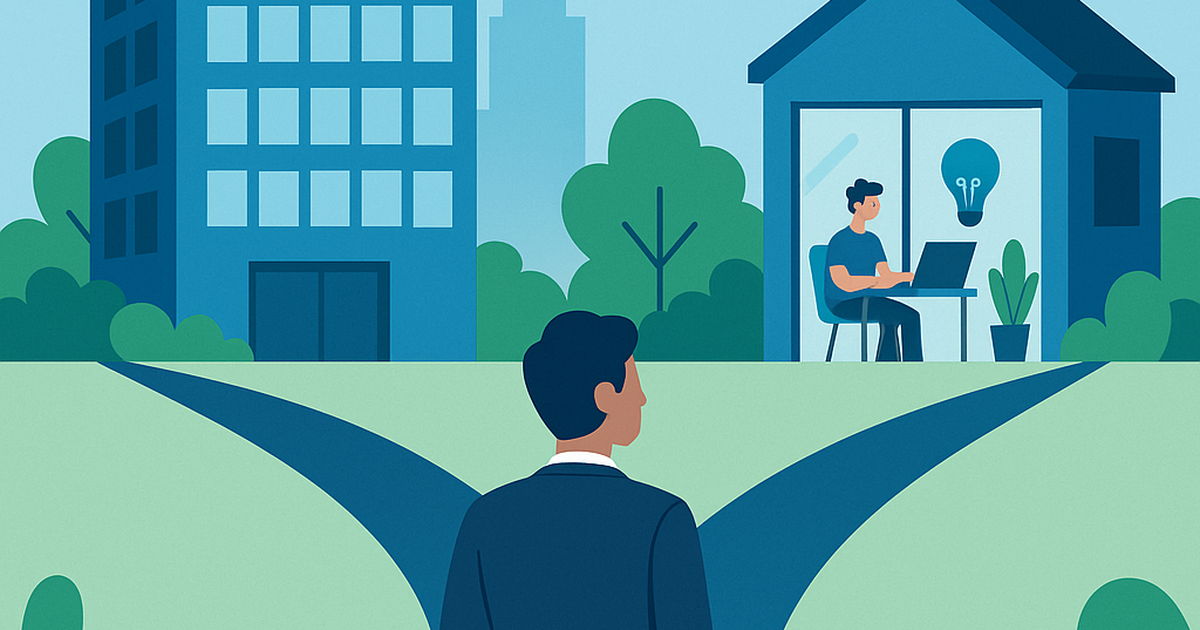 Professional at career crossroads choosing between corporate employment and entrepreneurship startup path