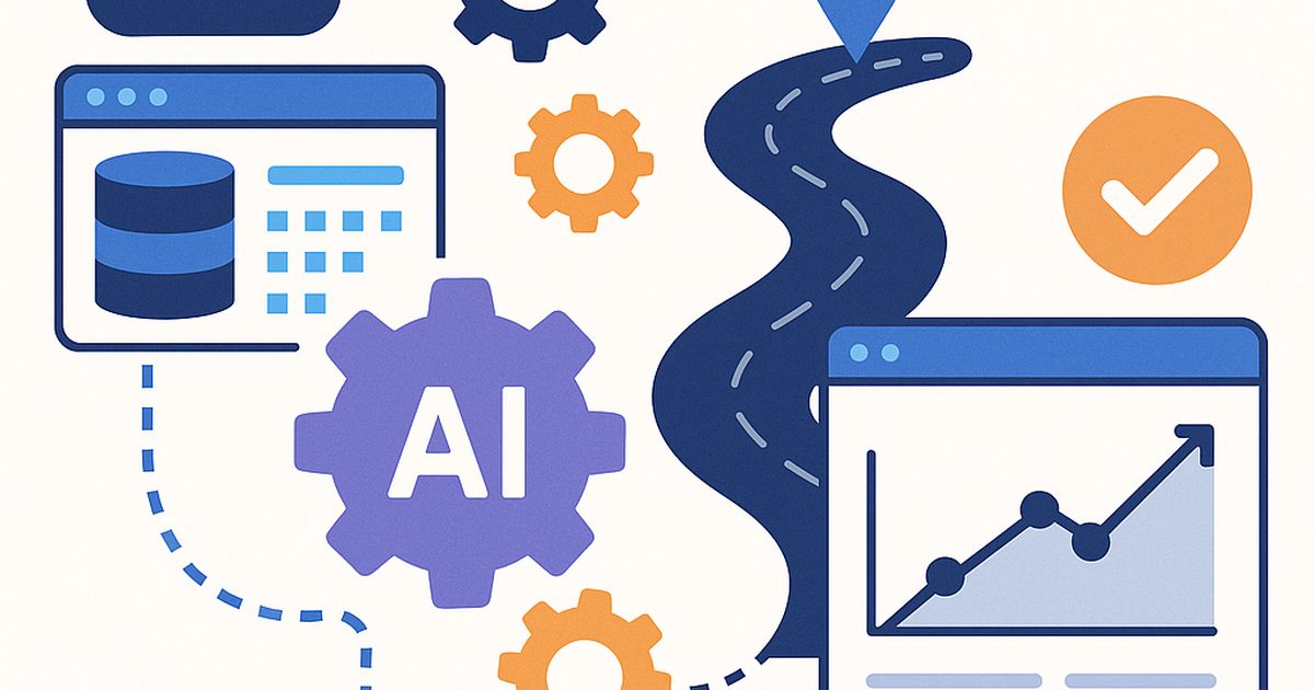 Illustration of a structured AI implementation framework with interconnected gears, data flow lines, and a roadmap pointing towards a successful, optimized outcome.