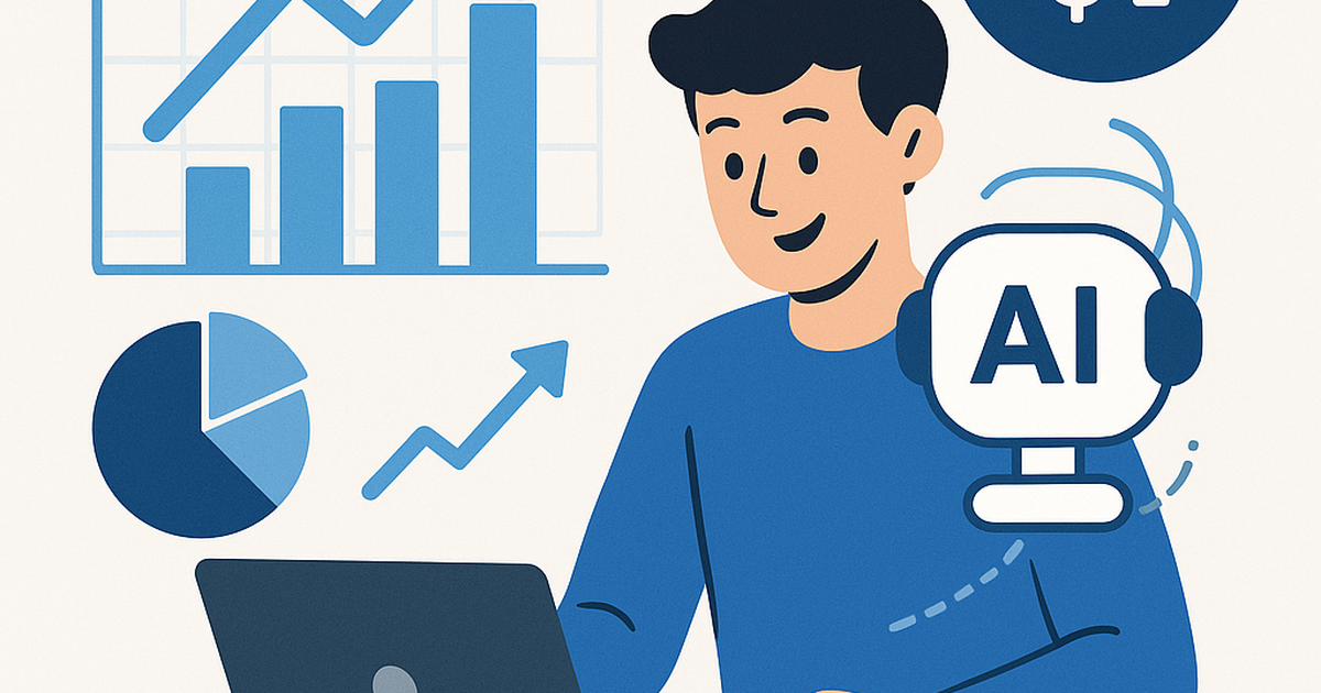 Illustration of a freelancer working efficiently with an AI tool, surrounded by revenue growth charts and productivity icons.