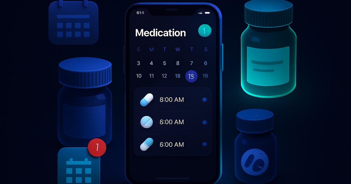Smartphone displaying medication tracking interface with pill bottles and calendar reminders on dark background