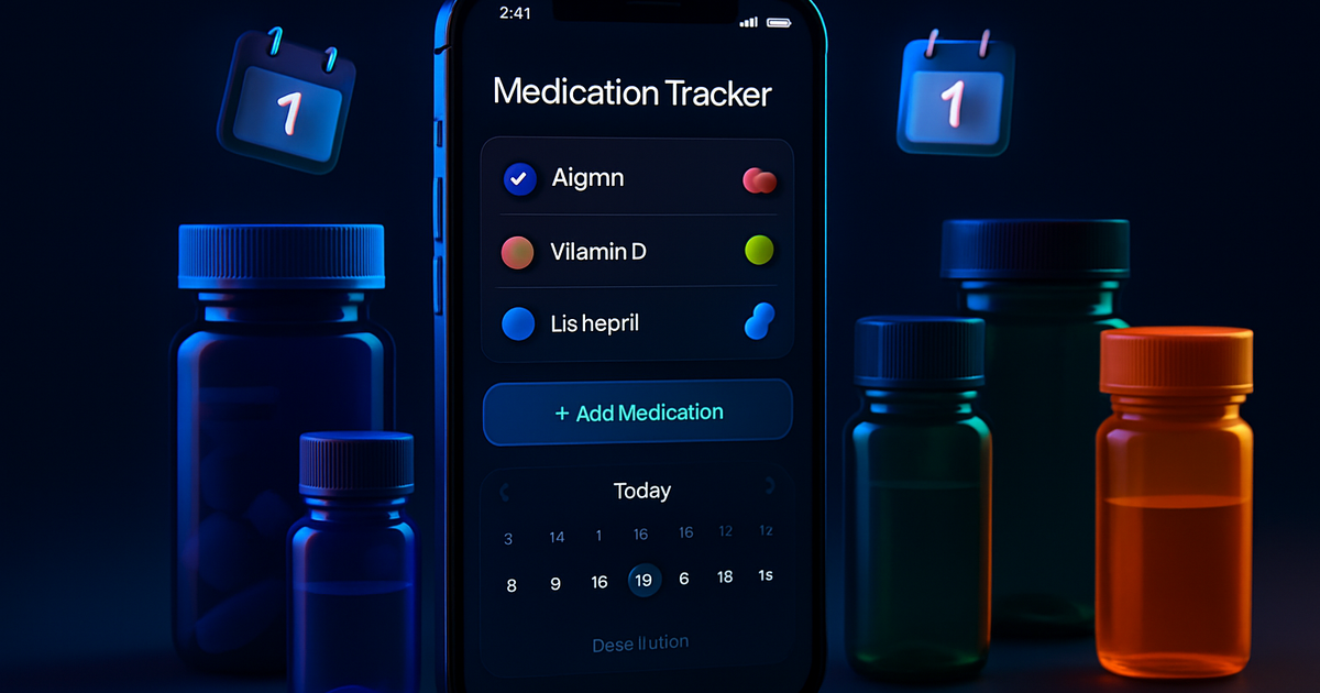 Smartphone displaying medication tracking interface with pill bottles and calendar reminders on dark background