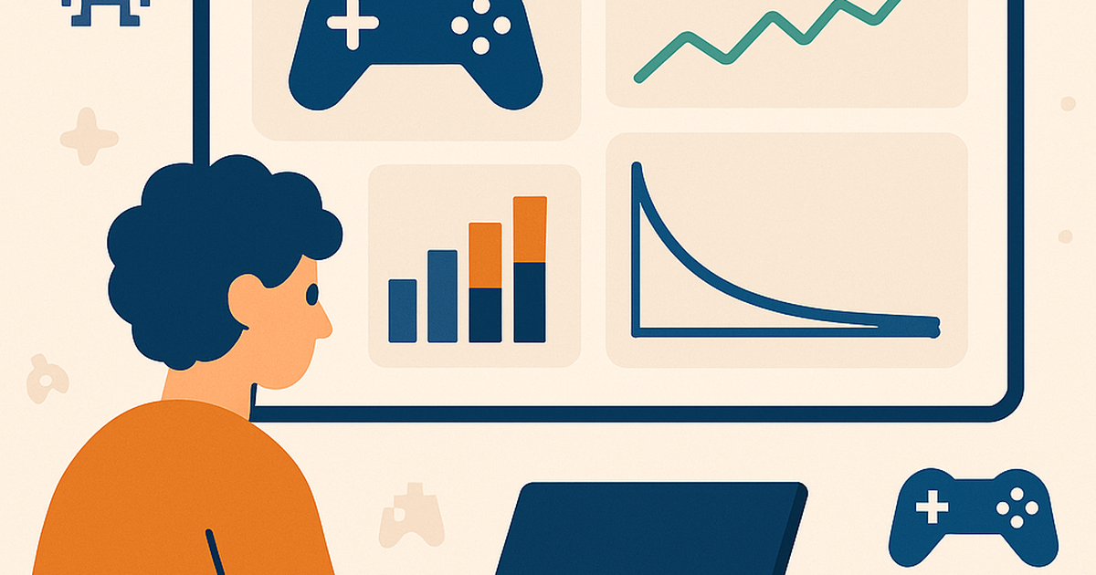 Indie game developer analyzing a dashboard of performance metrics like player retention, revenue, and active users, with charts and graphs.