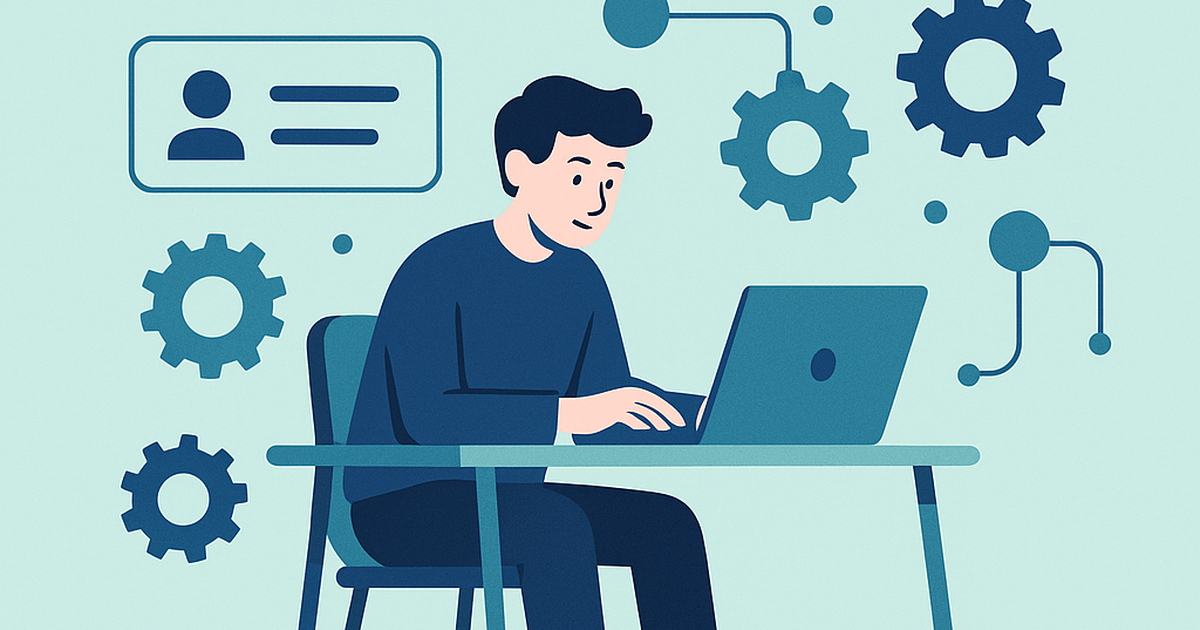 Illustration of a new entrepreneur using AI tools to build and automate a startup, with connected workflow nodes and digital assistant interfaces