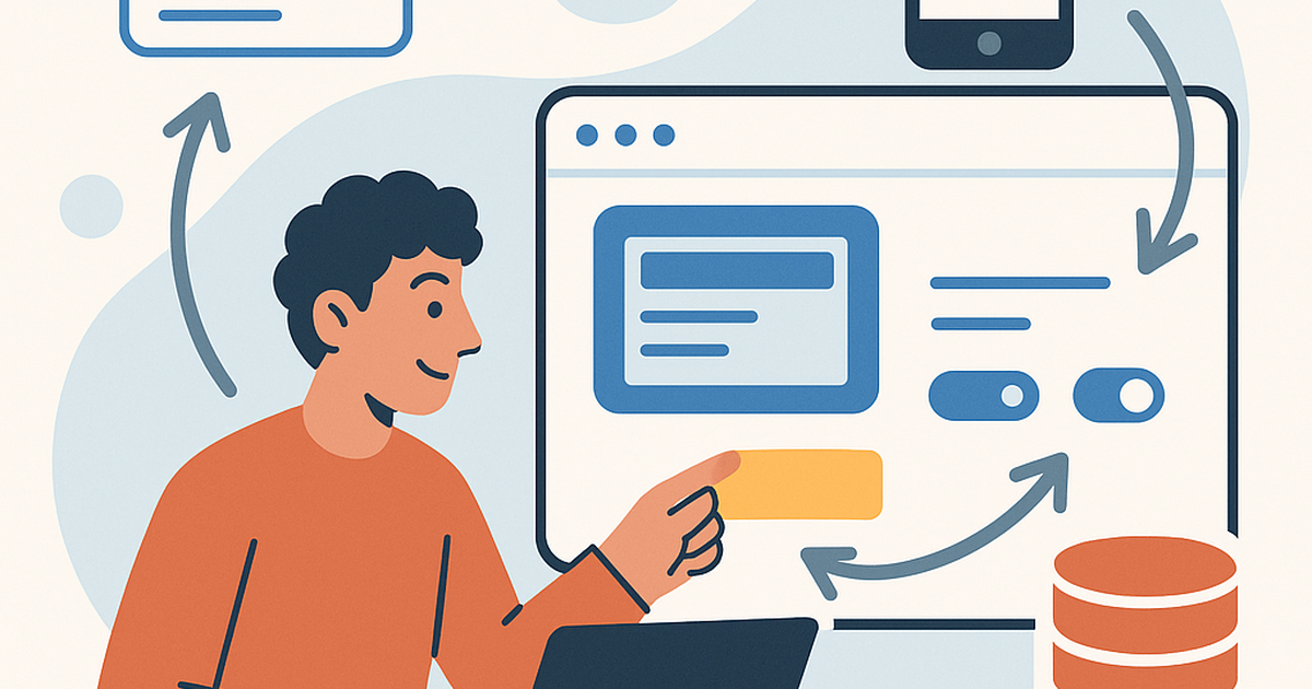Illustration of a founder rapidly building and iterating a product using no-code tools, symbolizing a no code lab for continuous product discovery.