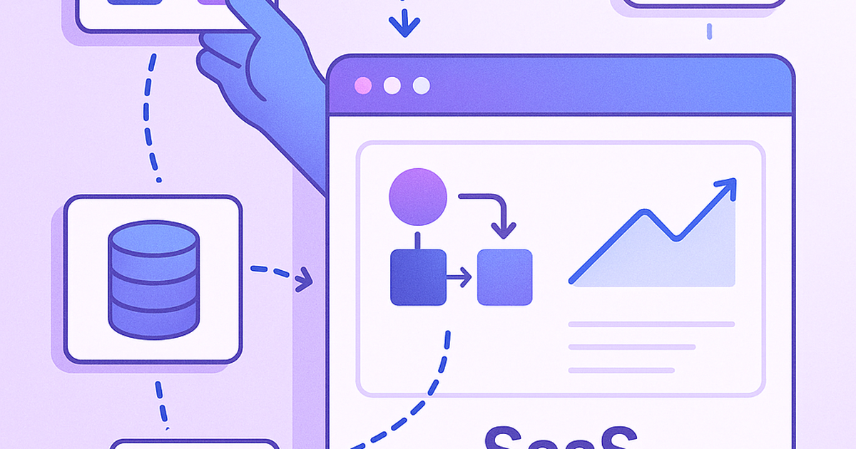 No-code SaaS development illustration showing visual builders and workflow automation tools