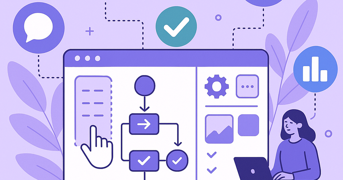 No-code SaaS development illustration with visual workflow builders and application interfaces