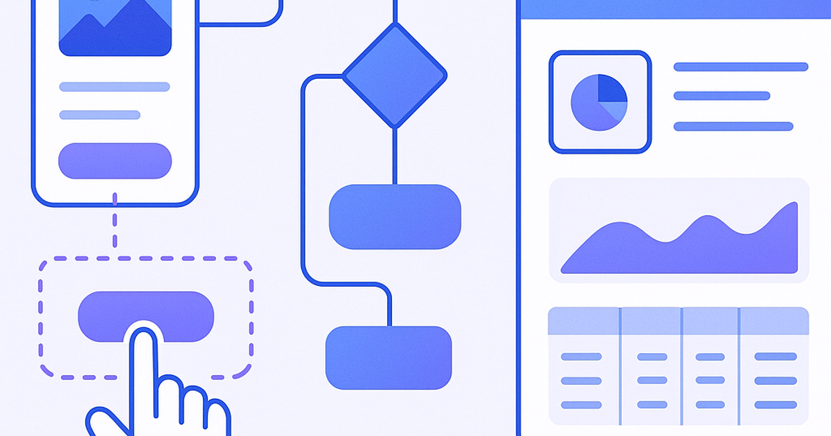 No-code SaaS development illustration with drag-and-drop interface elements and workflow automation components