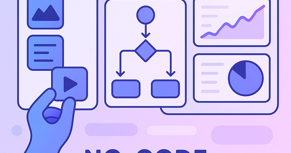 No-code SaaS platform development illustration showing visual interface builders and workflow components