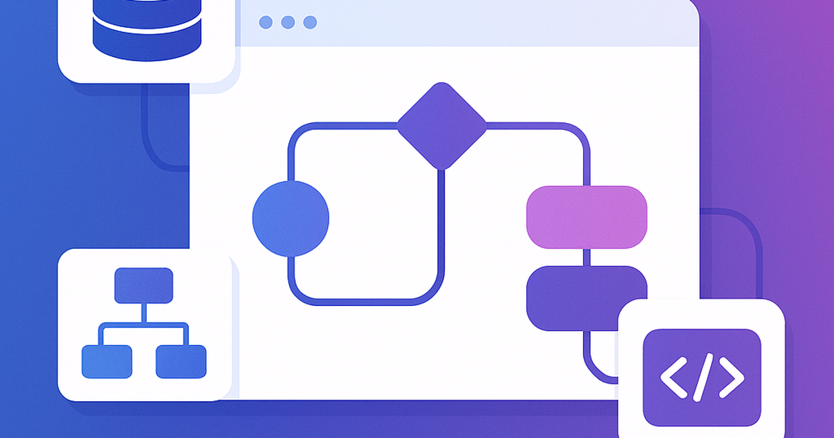 No-code SaaS platform visual programming interface showing workflow automation and database integration capabilities