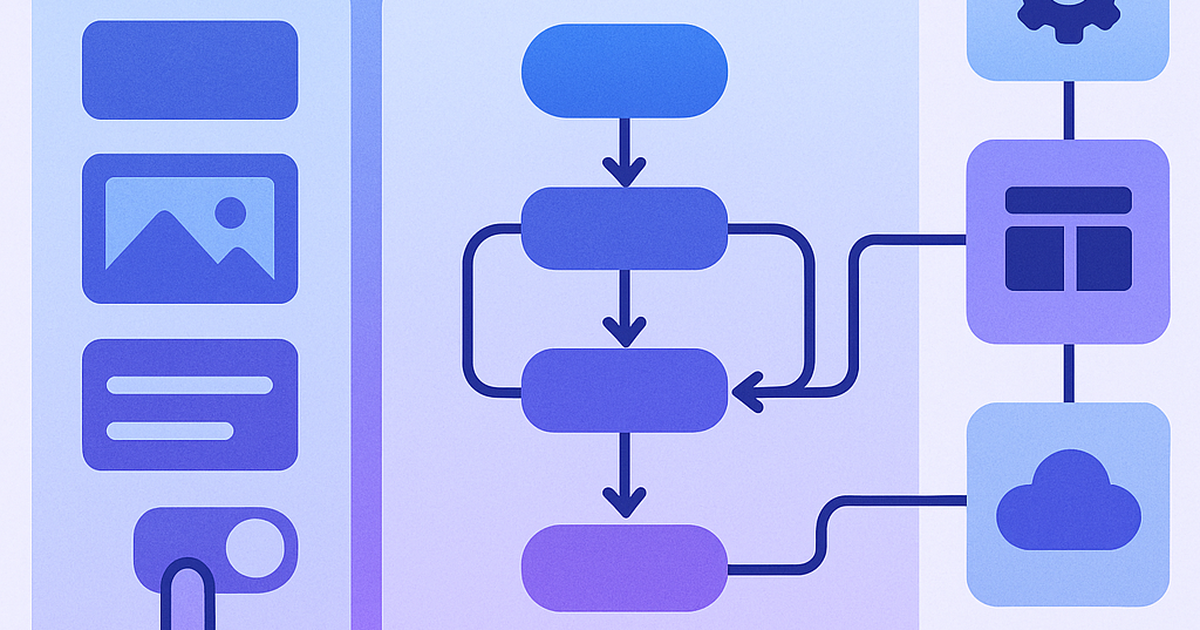 No-code SaaS platform development interface showing drag-and-drop components and visual workflow builders
