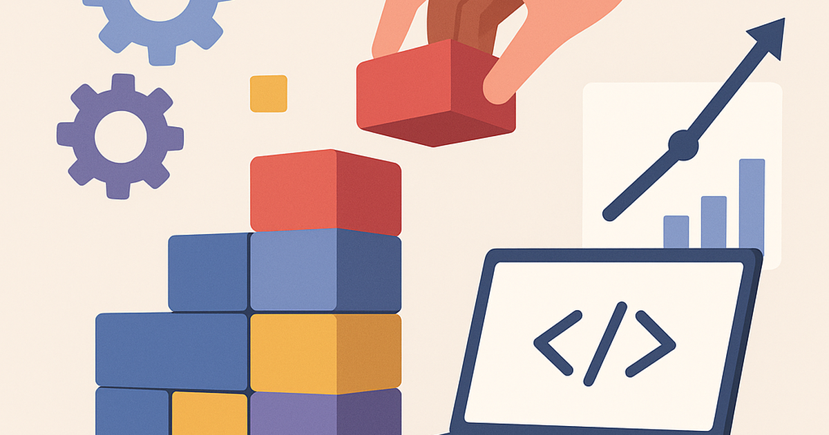 Illustration of a person building a SaaS product using no-code tools, symbolizing rapid development and success, with a laptop, building blocks, and a rising graph.