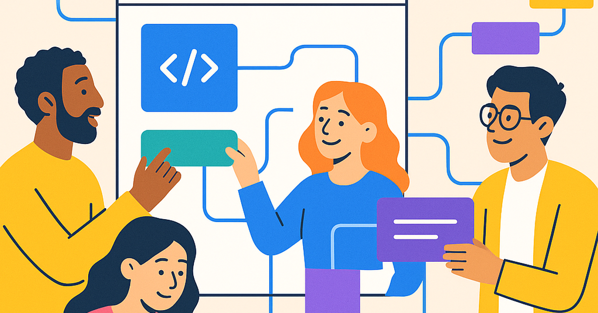 Illustration of diverse founders building a SaaS product using a no-code visual interface, symbolizing accessibility and innovation.