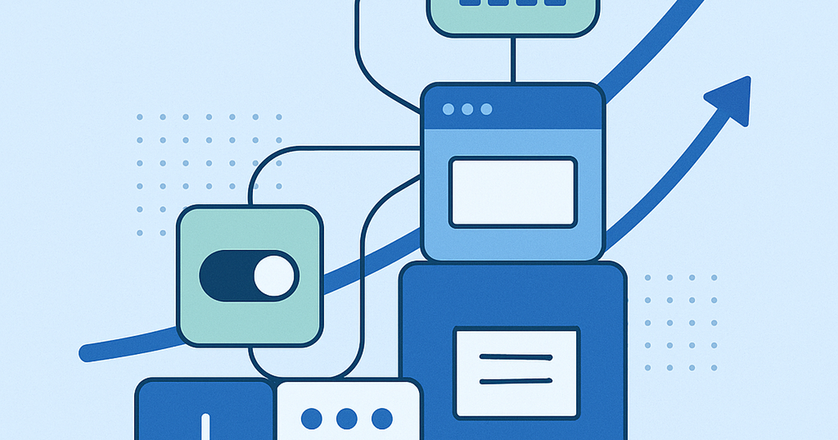 No-code SaaS platform building blocks scaling upward representing business growth and success without technical debt