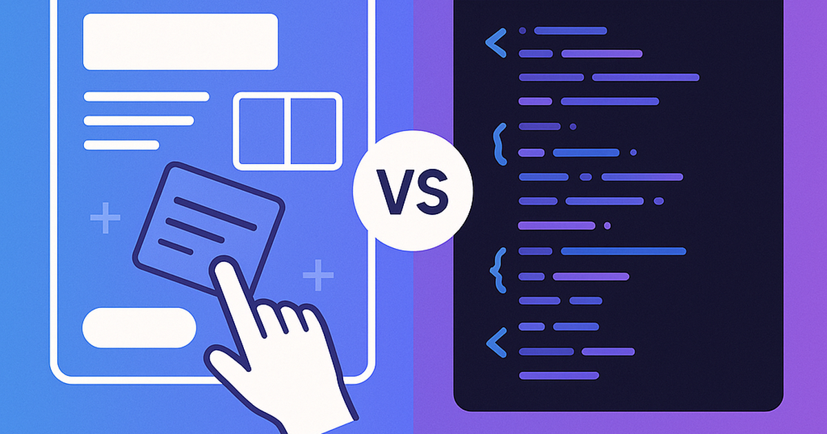 Visual comparison of no-code drag-and-drop interface versus custom code development environment