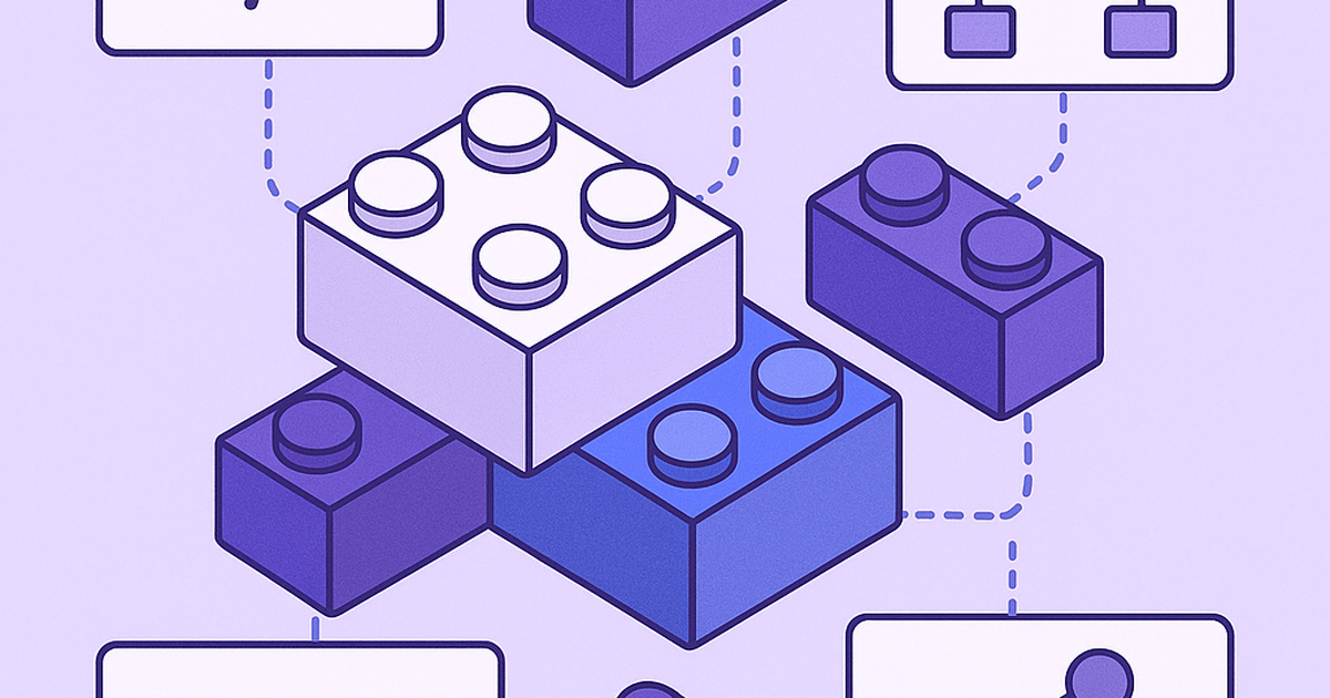 Visual representation of no-code SaaS development with connected building blocks and drag-and-drop interface elements