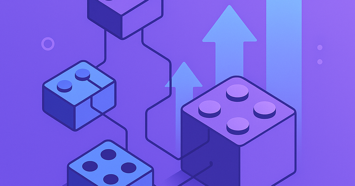 Abstract illustration of modular building blocks with upward scaling arrows representing no-code SaaS platform growth and architecture optimization